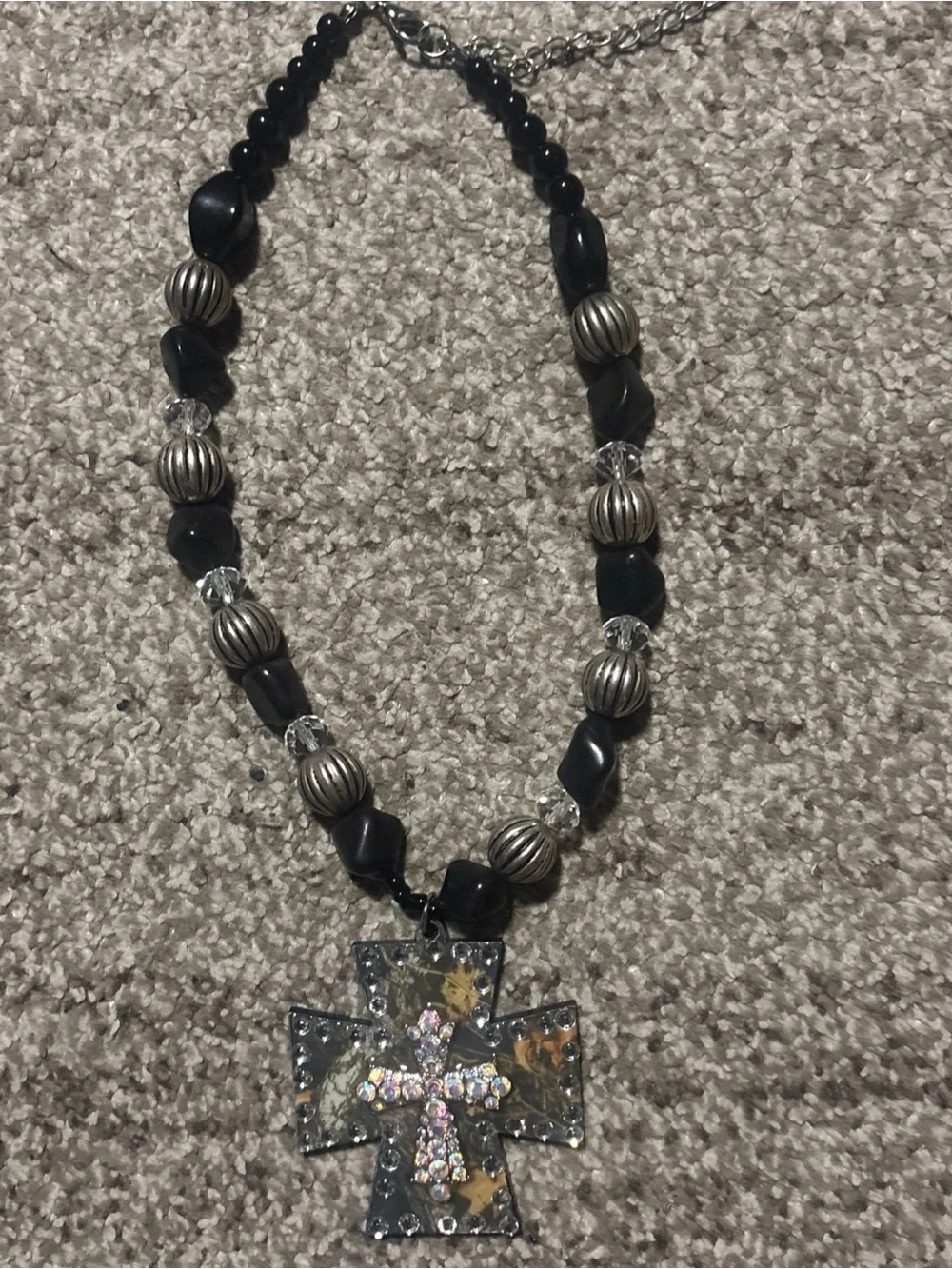 Black Beaded Cross Pendant Necklace - Brand Unspecified